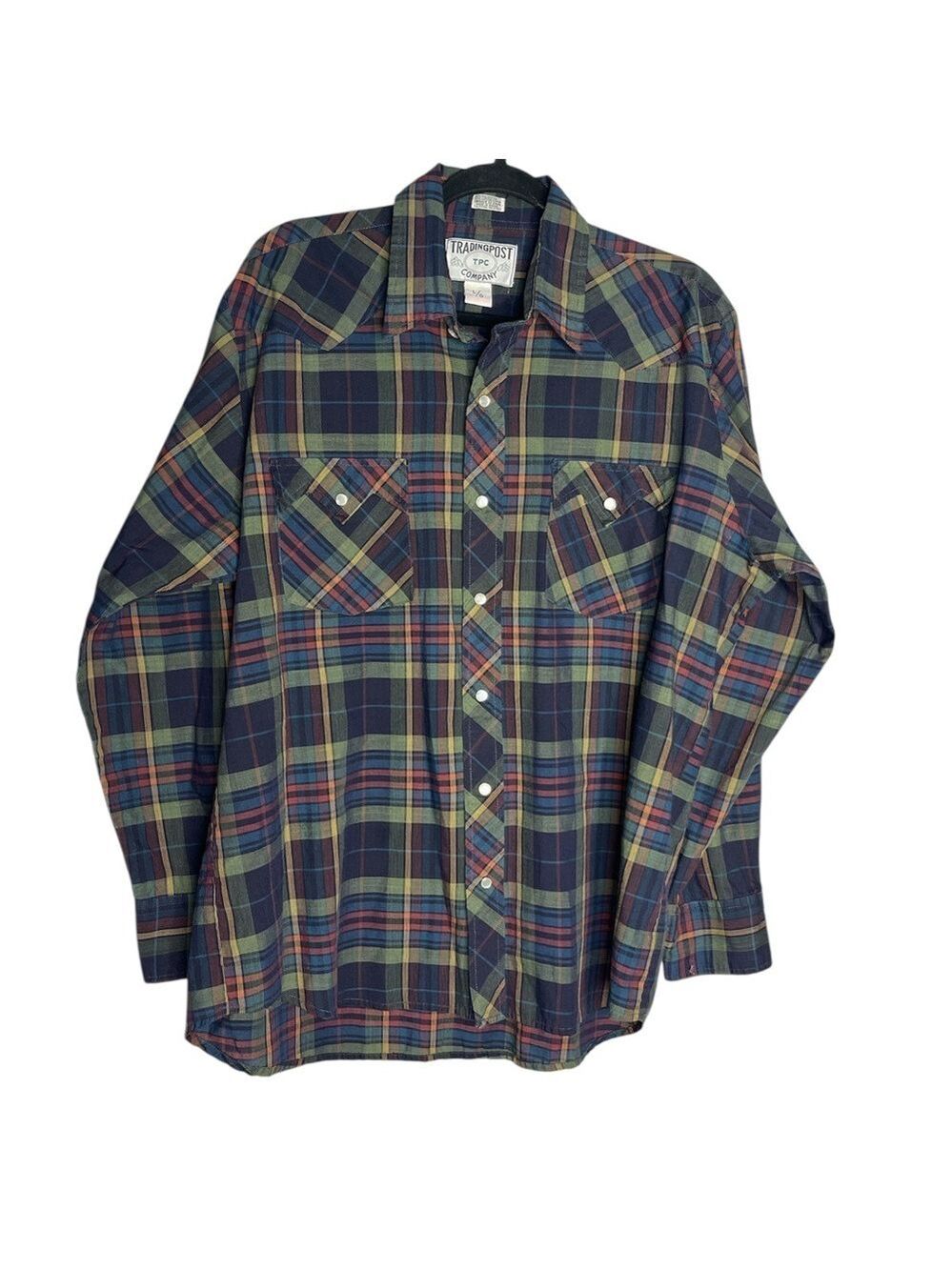 Vintage Trading Post Plaid Lightweight Long Sleeve Western Snap Button Shirt, L